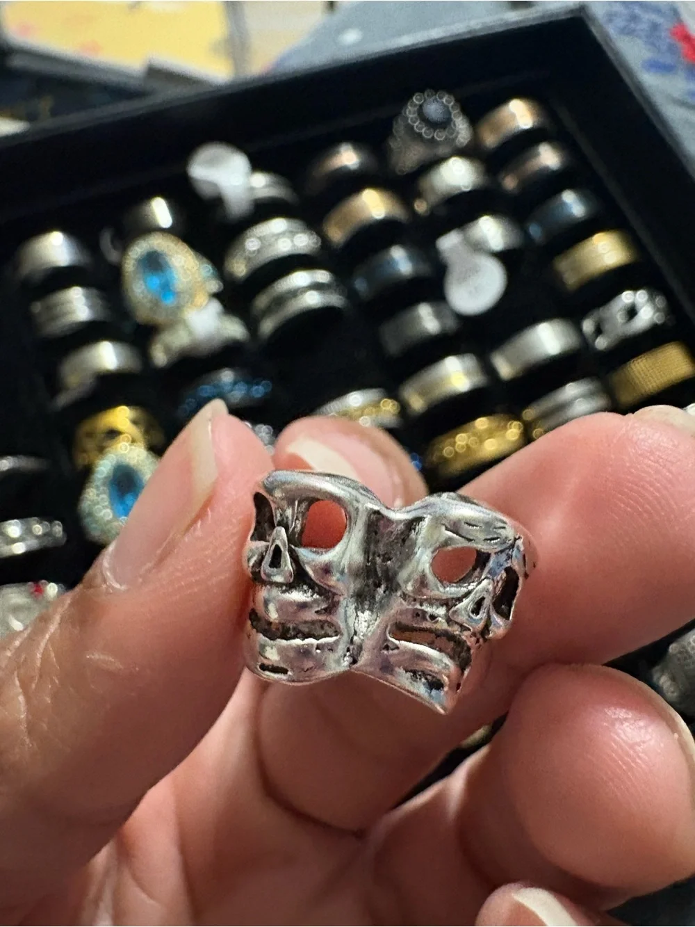 Double Skull Theater Mask Silver Ring for Men